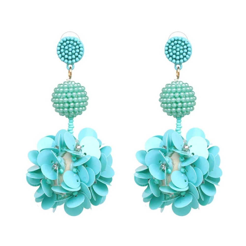 Blue Beaded Sequin Flower Large Drop Earrings